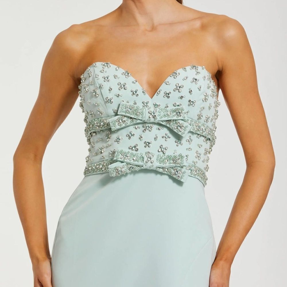 MAC DUGGAL 2285 Green Strapless Rhinestone Bodice Crepe Gown - Picture 3 of 13